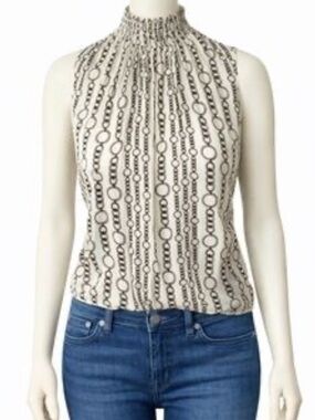 Banana Republic White Sleeveless Blouse with Brown & Gold Chain Print